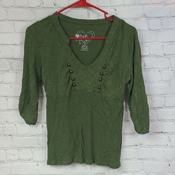 One Step Up Olive Green Slub Knit Top Ribbed V-Neck Button Detail Knit Tee Large - Picture 6 of 6